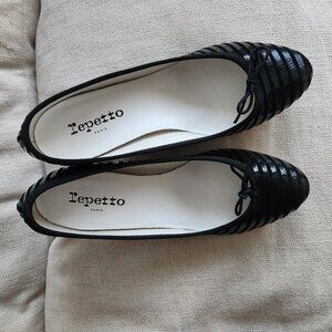 Sz7 Mint Repetto Black Striped Patent Leather Ballet Pumps